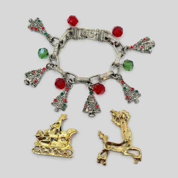 Christmas Jewelry Lot,  Reindeer, Sleight, Tree, Brooch, Enamel, Bracelet,Vintag - Picture 2 of 8